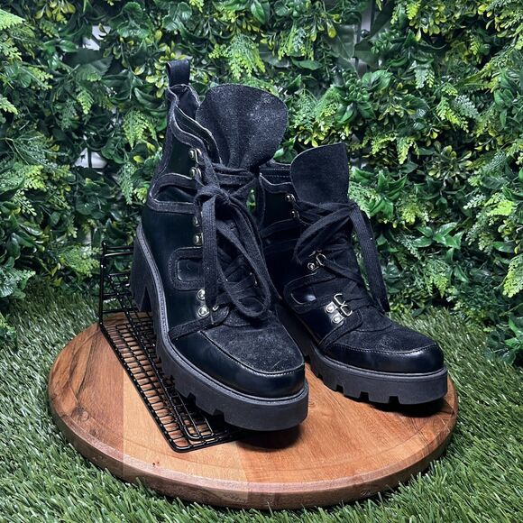 ZARA Boots Women 9 US 40 EU Black Moto Combat‎ Chunky Heel Lace Up Ankle 2111 - Picture 11 of 14